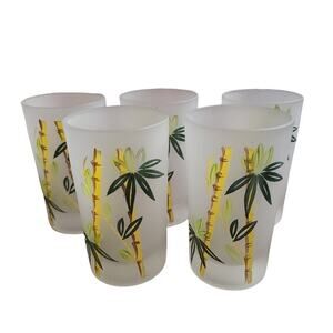 MCM Frosted Glassware Set‎ of 5 8 oz Tropical Bamboo Theme Green Yellow